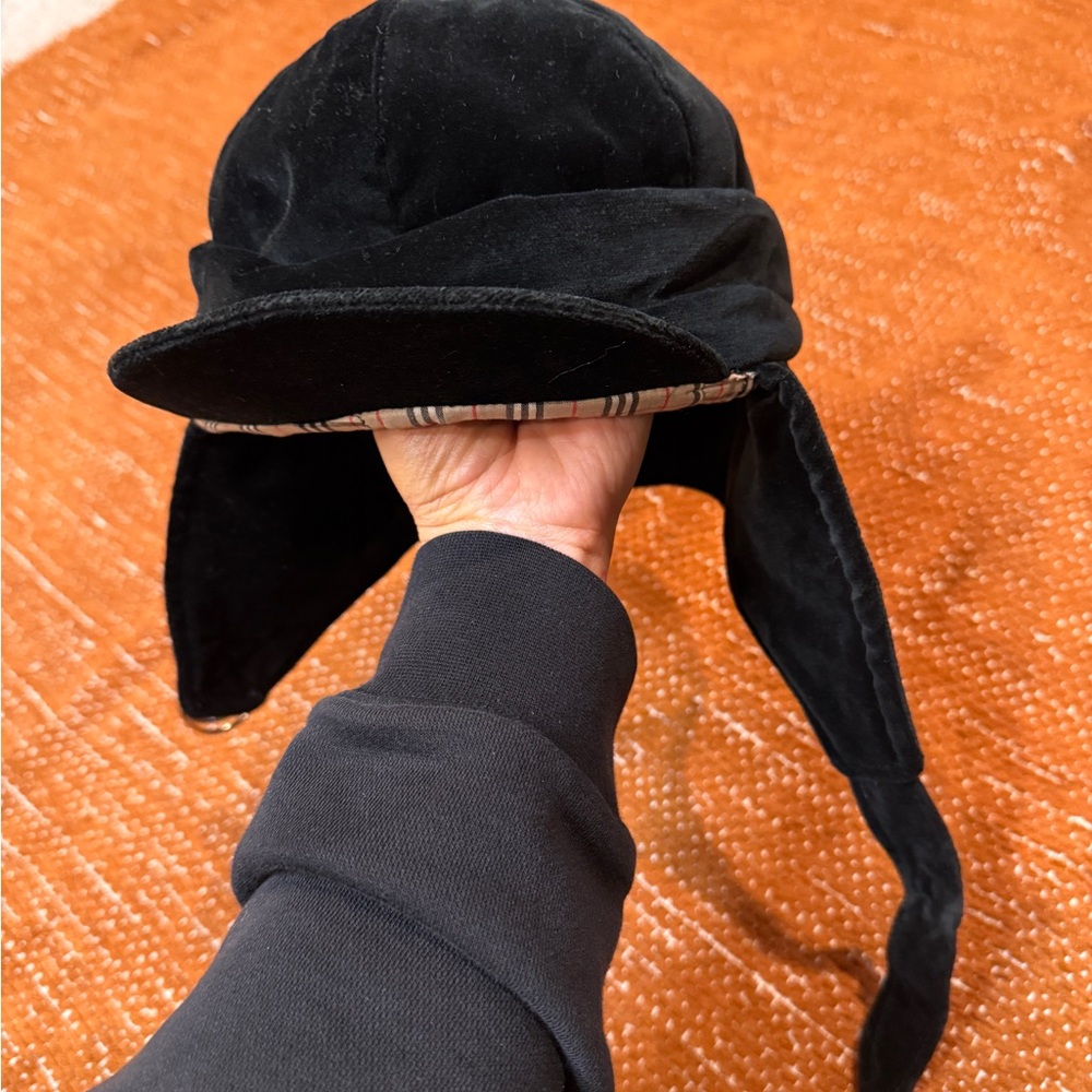 Burberry Black Velvet Cap with Plaid Lining